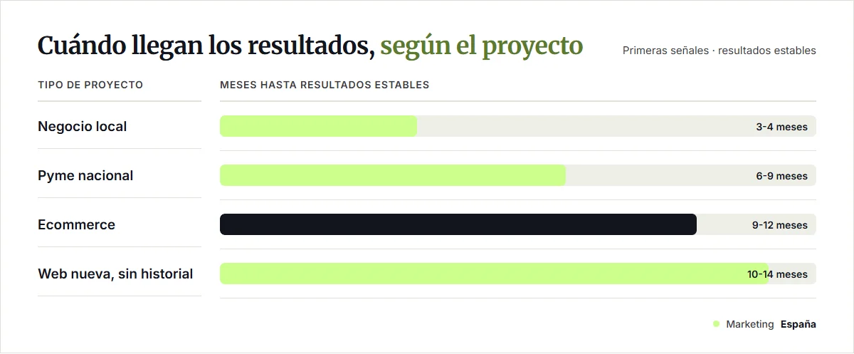 Barras comparadas: negocio local 3-4 meses, pyme nacional 6-9, ecommerce 9-12 y web nueva sin historial 10-14 meses