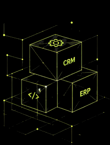 Cubos isométricos con los símbolos de CRM, ERP y código