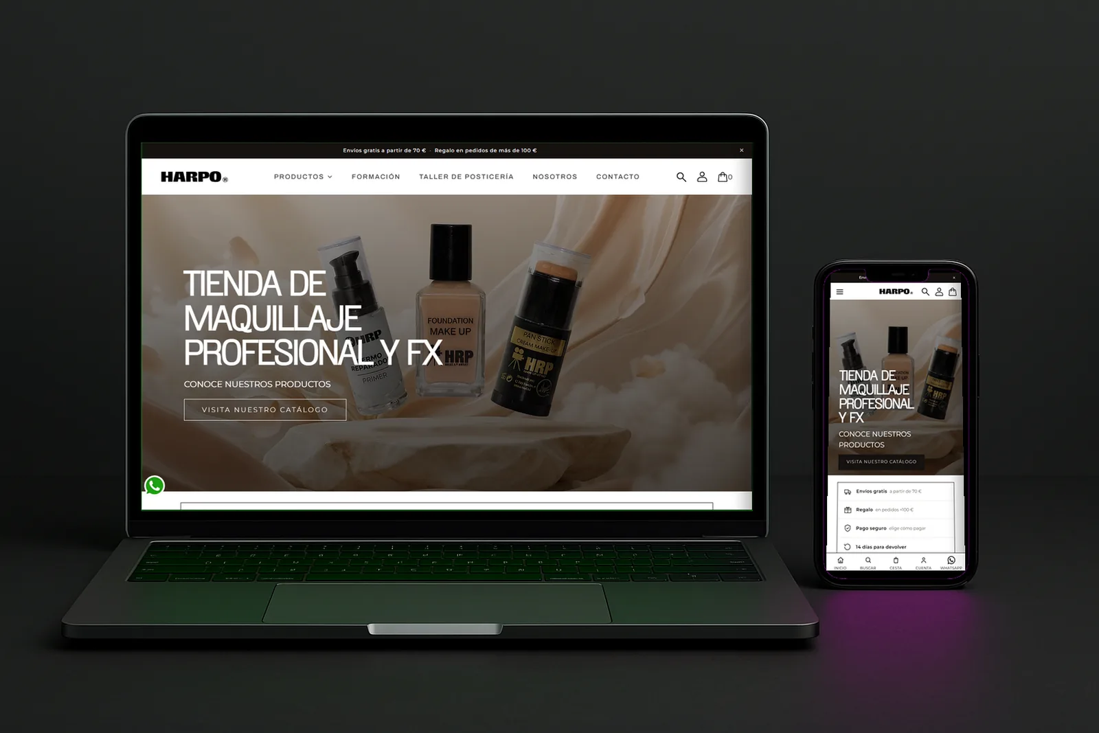 La tienda de harpo-hrp.com vista en la pantalla de un portátil y, al lado, en un teléfono