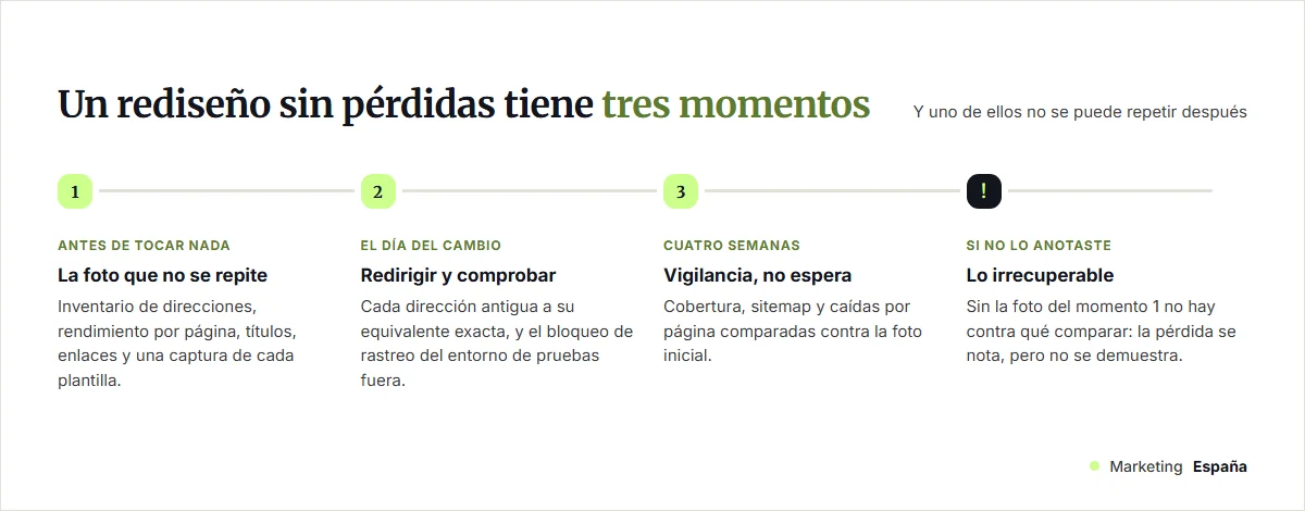 Los tres momentos de un rediseño web sin perder posicionamiento y lo que ya no se recupera si no se anotó