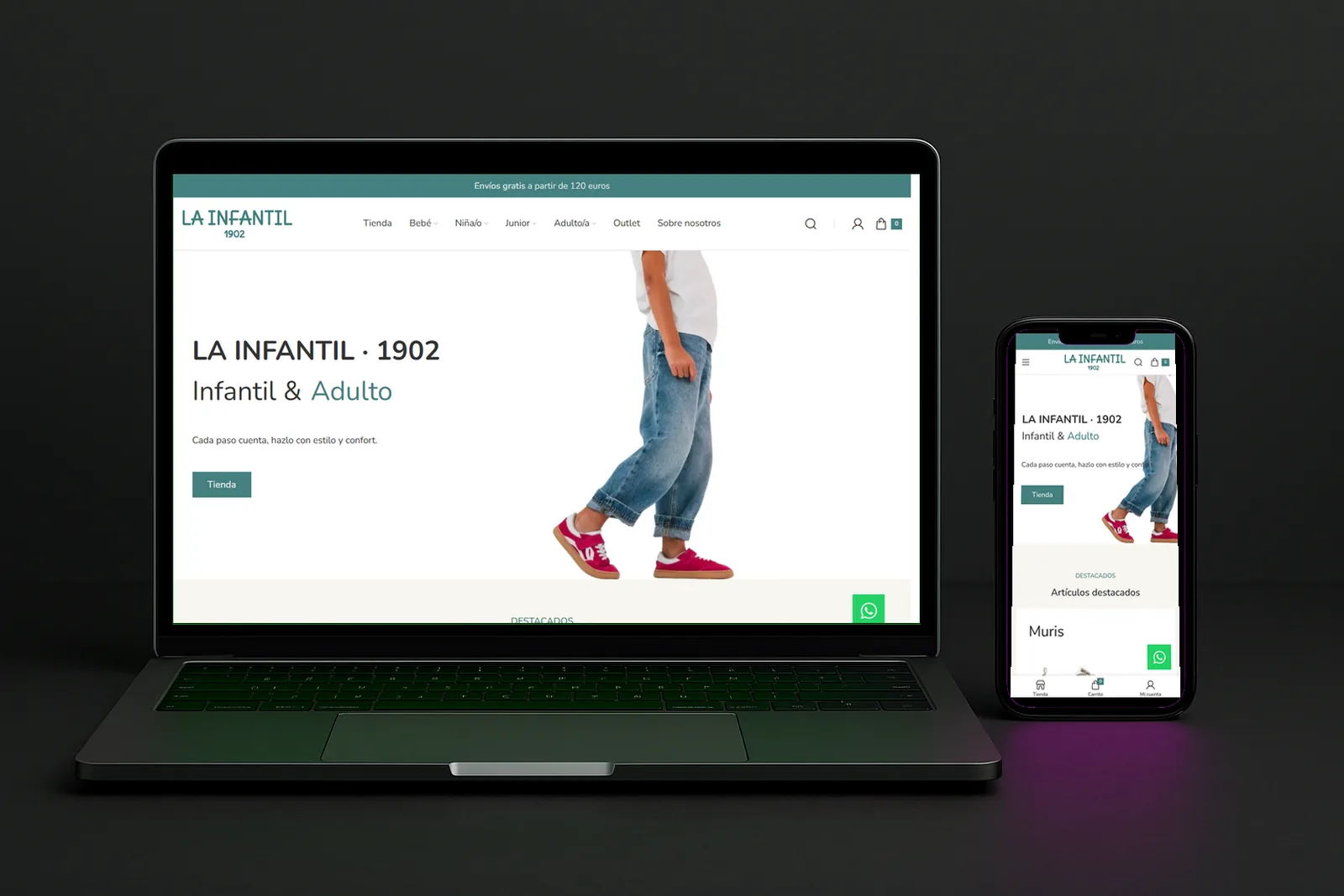 La tienda de lainfantil.com vista en la pantalla de un portátil y, al lado, en un teléfono