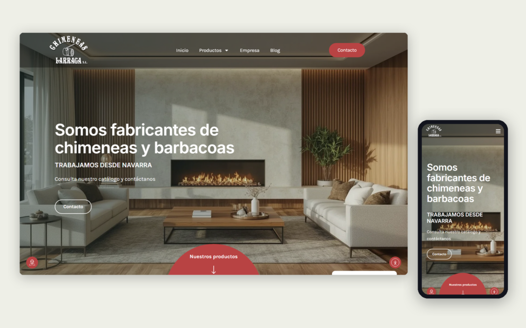 Web de Chimeneas Larraga en ordenador y móvil: salón con chimenea y el lema «Somos fabricantes de chimeneas y barbacoas»