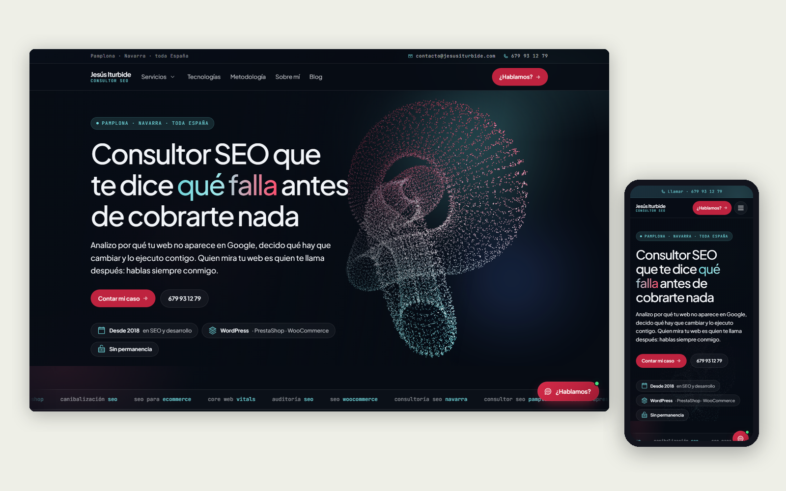 Web de Jesús Iturbide, consultor SEO en Pamplona, vista en ordenador y móvil con fondo oscuro y una figura de partículas