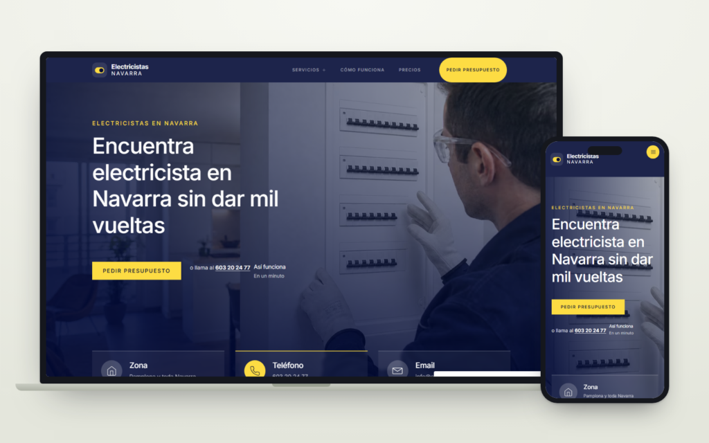 Web de Electricistas Navarra vista en ordenador y en móvil