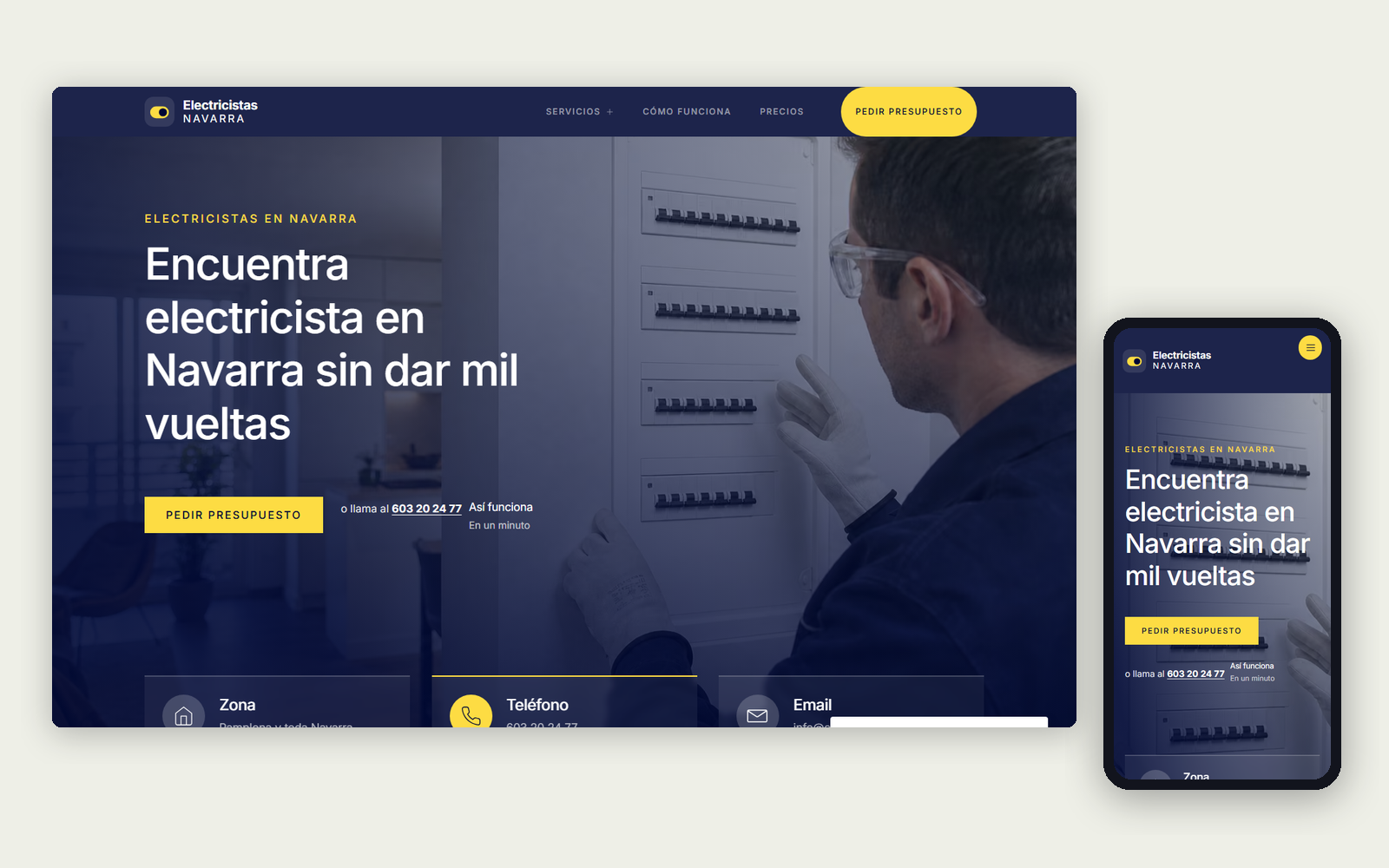 Web de Electricistas Navarra en ordenador y móvil, con un electricista revisando un cuadro eléctrico