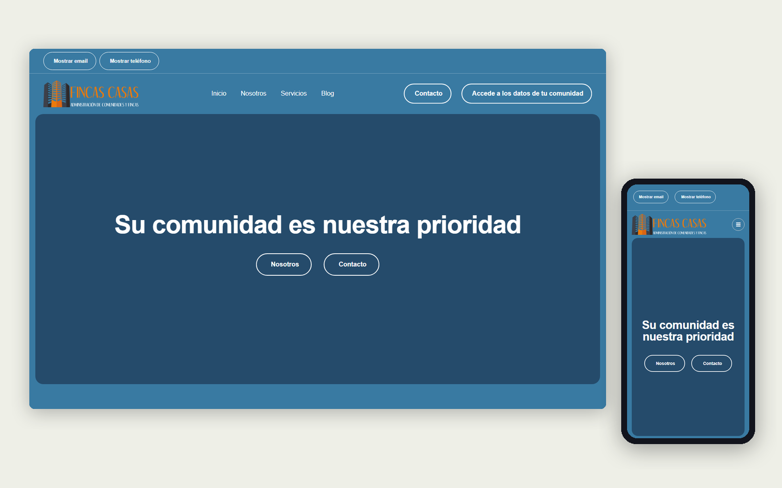Web de Fincas Casas en ordenador y móvil, con el lema «Su comunidad es nuestra prioridad» sobre fondo azul