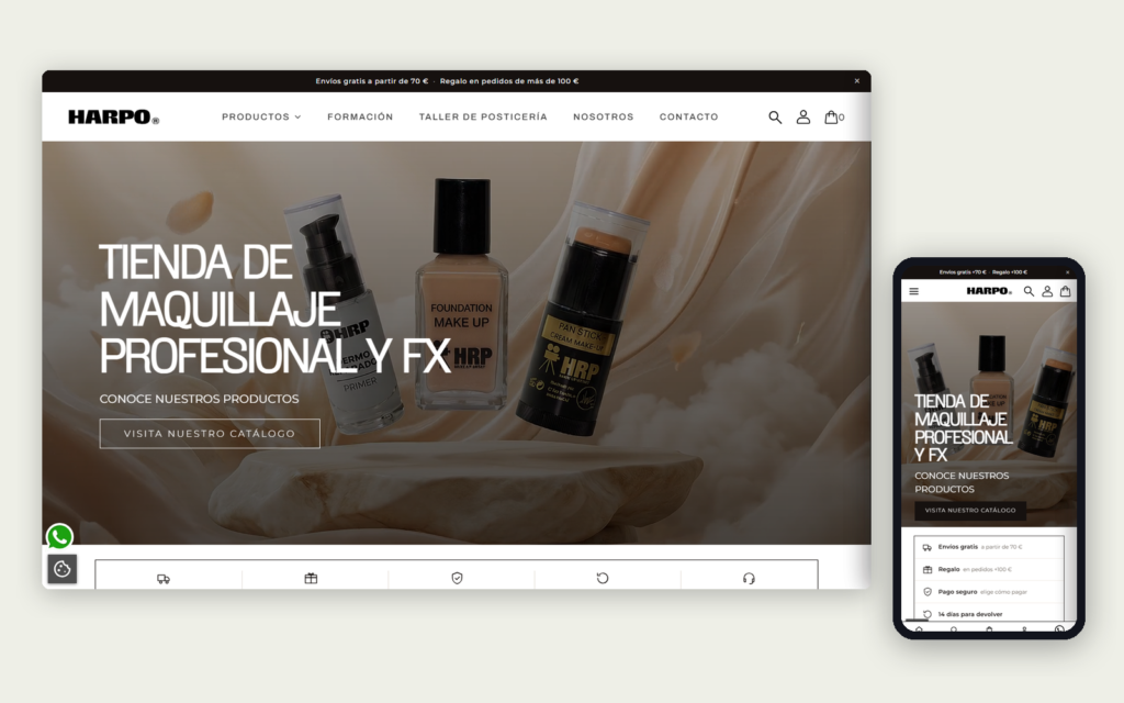 Tienda online de Harpo, maquillaje profesional y FX, vista en ordenador y en móvil con productos HRP en la portada