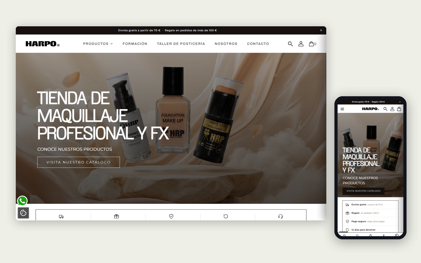 Tienda online de Harpo, maquillaje profesional y FX, vista en ordenador y en móvil con productos HRP en la portada