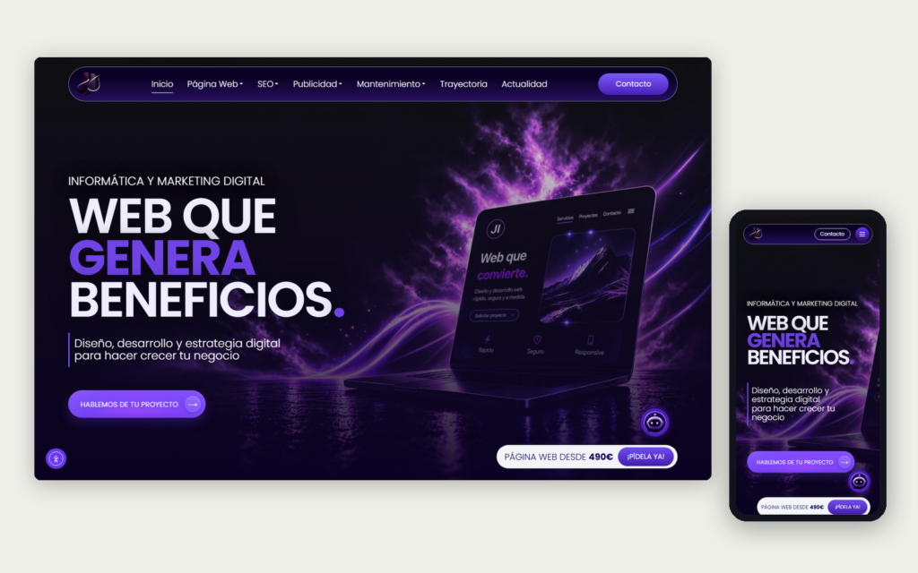 Web de Jesús Iturbide en ordenador y móvil, con diseño morado oscuro y el lema «Web que genera beneficios»