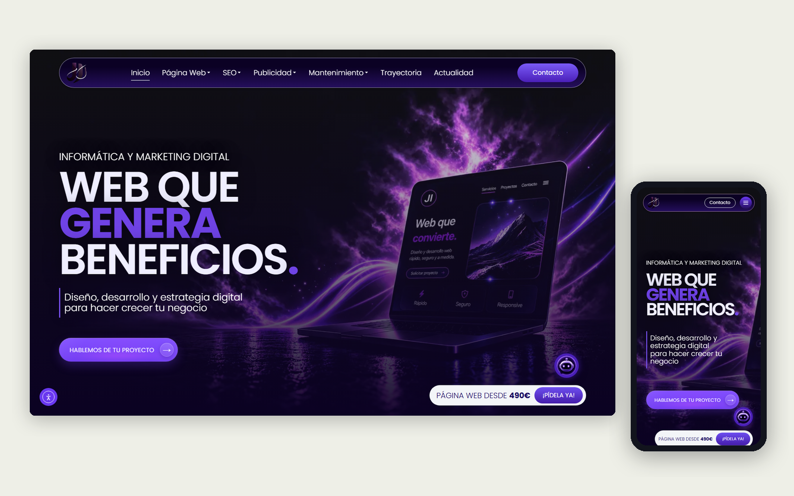 Web de Jesús Iturbide en ordenador y móvil, con diseño morado oscuro y el lema «Web que genera beneficios»