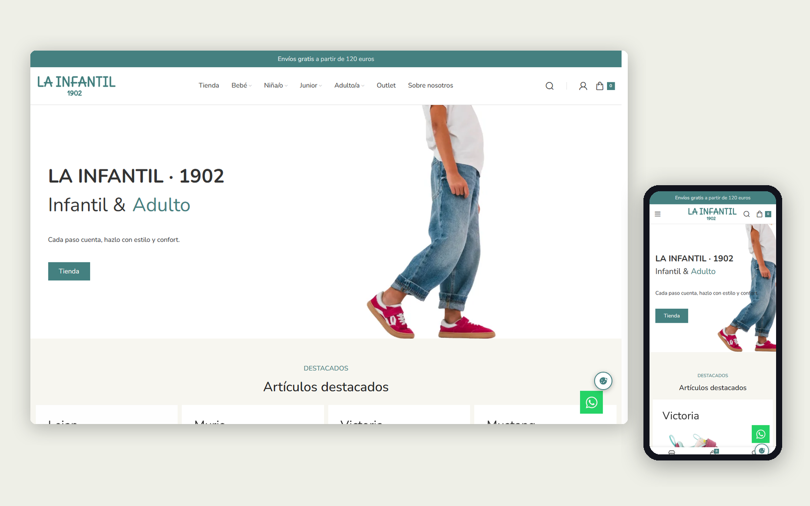 Tienda online de La Infantil en ordenador y móvil, con un niño en vaqueros y zapatillas rojas en la portada