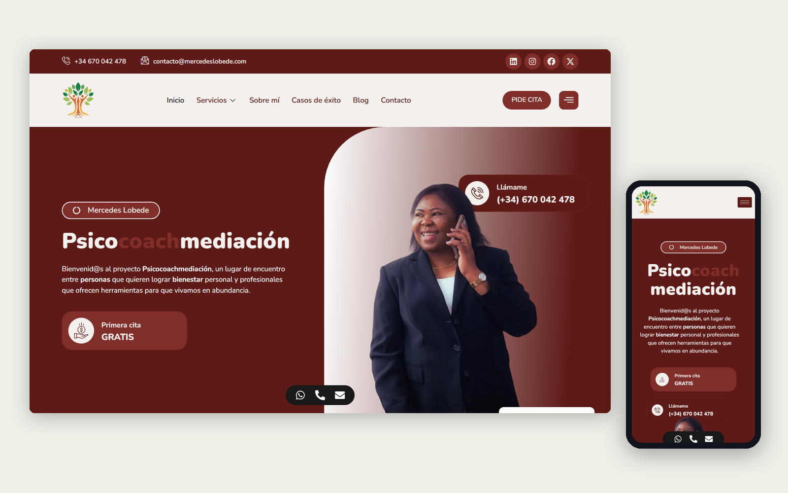 La web de Mercedes Lobede en ordenador y en móvil