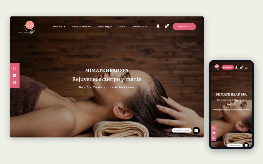 La web de Mímate Head Spa en ordenador y móvil, con una mujer recibiendo un masaje capilar en la portada