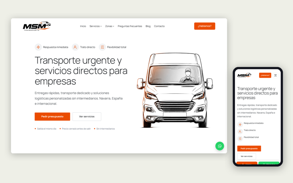 La web de MSM Transporte en ordenador y en móvil