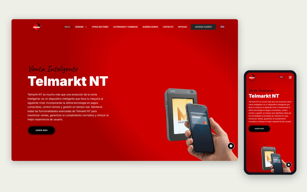Web de Muxunav en ordenador y móvil, con portada roja que presenta el terminal de pago Telmarkt NT para vending