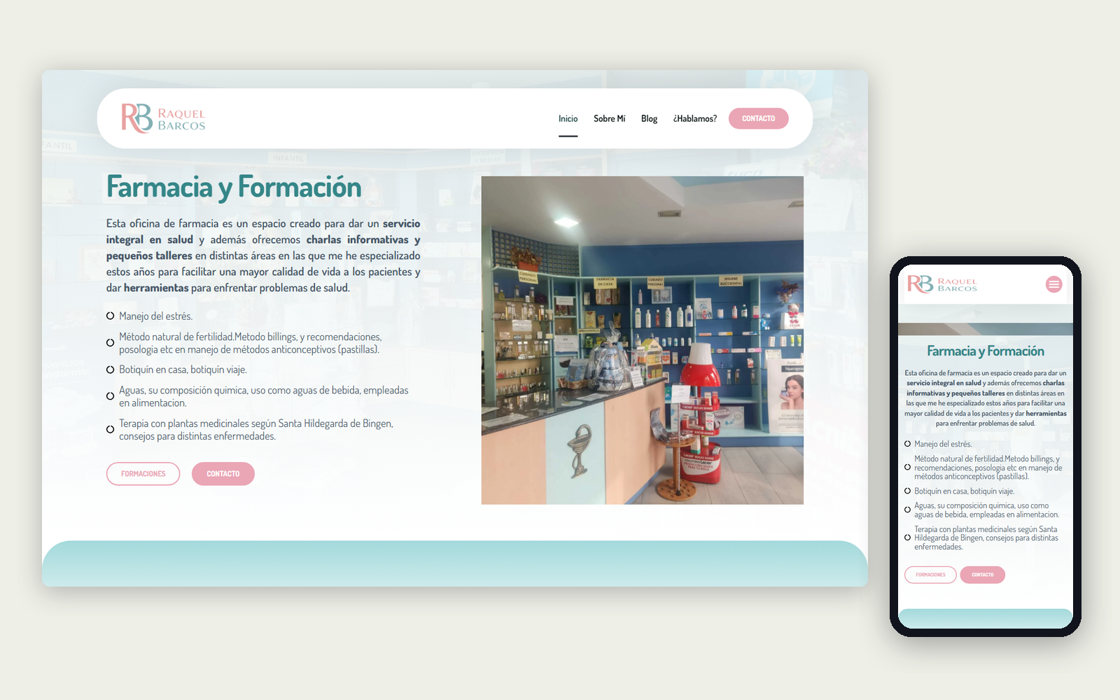 Web de Raquel Barcos en ordenador y móvil, con la sección Farmacia y Formación y foto del mostrador de farmacia