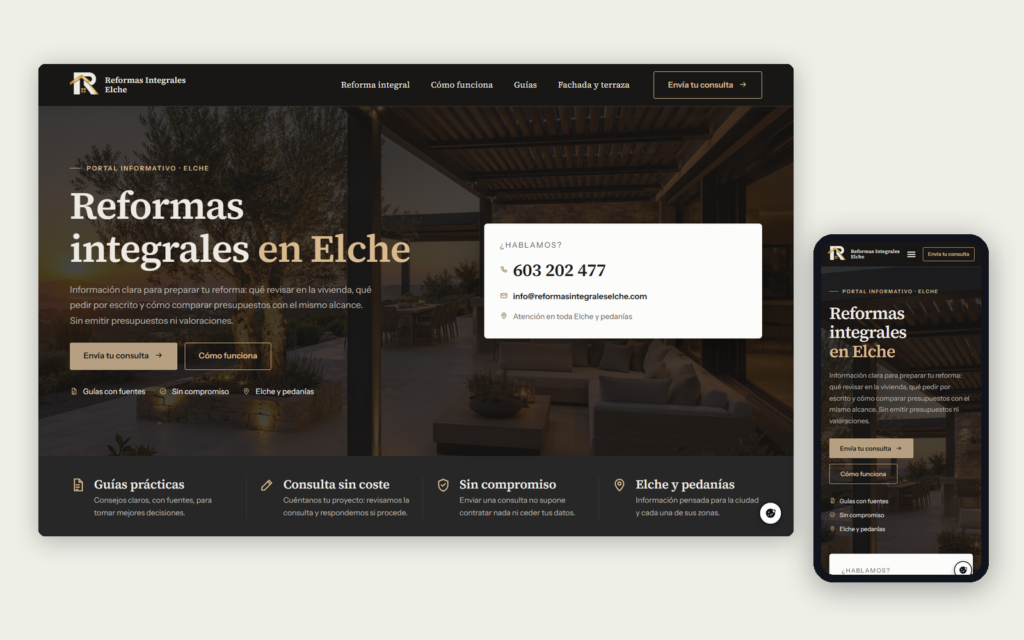 Web de Reformas Integrales Elche vista en ordenador y en móvil, con portada oscura de una terraza con pérgola al anochecer