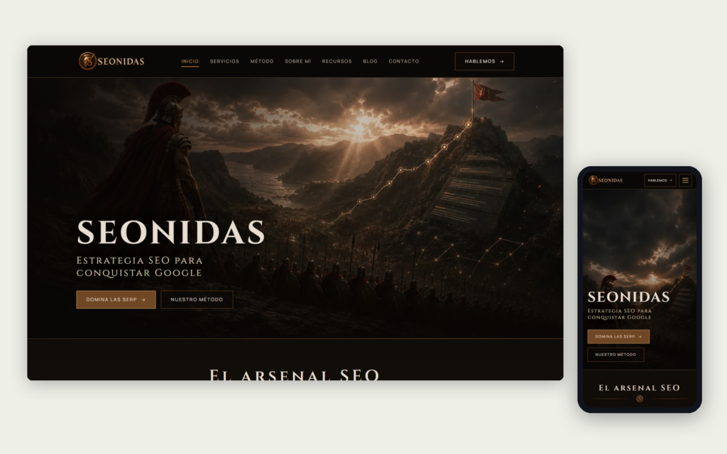 Web de Seonidas en ordenador y móvil, con un guerrero espartano y el lema «Estrategia SEO para conquistar Google»