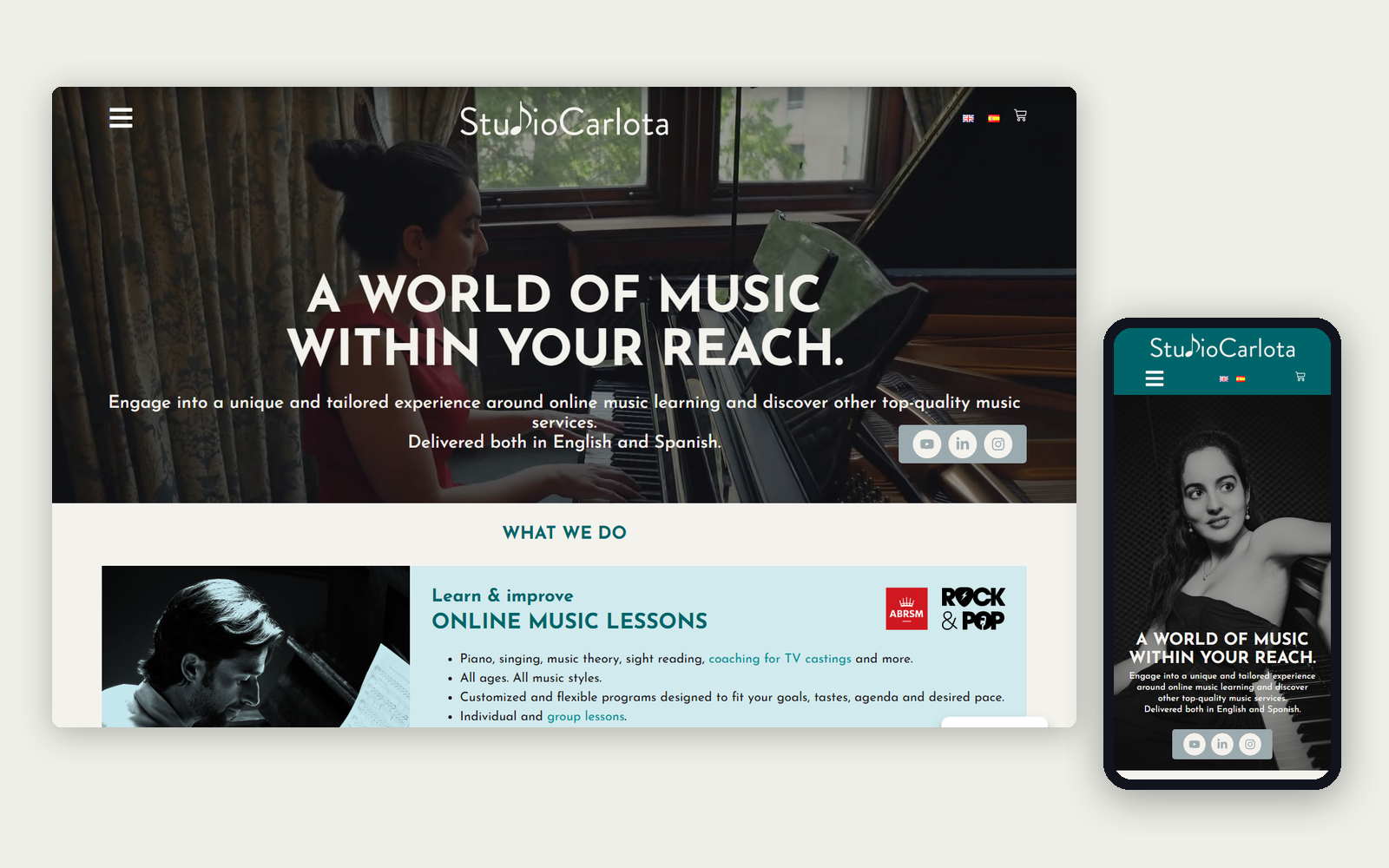 Web de Studio Carlota de clases de música online en ordenador y móvil, con una pianista en la portada